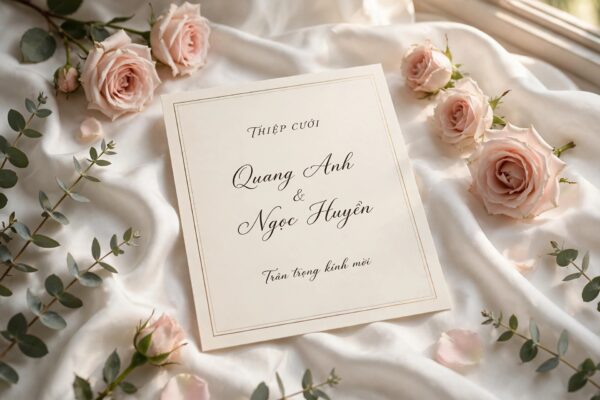 Thiệp cưới Quang Anh và Ngọc Huyền sử dụng font TH Newly Bridal Việt Hóa