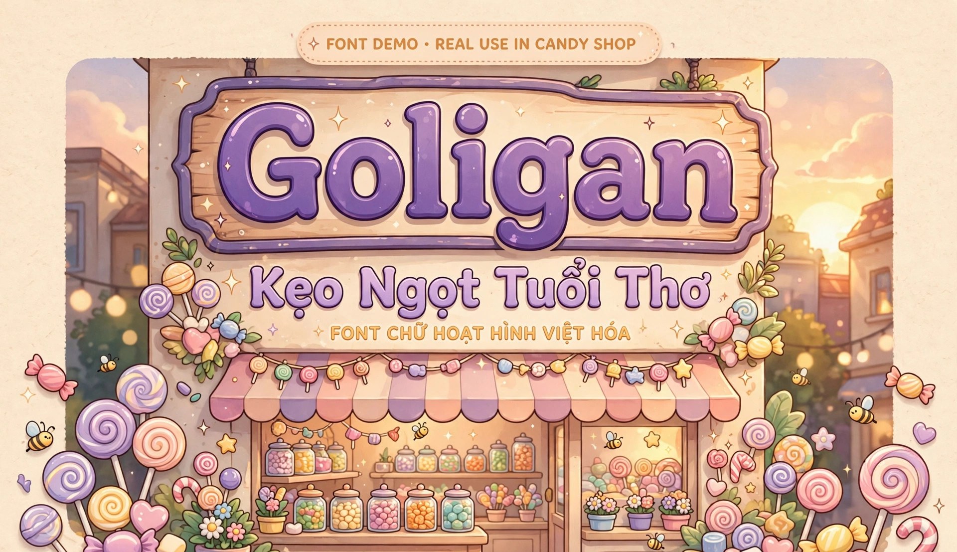 Font Hoạt Hình TH Goligan Việt Hóa 2 Ứng dụng font TH Goligan việt hóa trên biển hiệu tiệm kẹo Kẹo Ngọt Tuổi Thơ