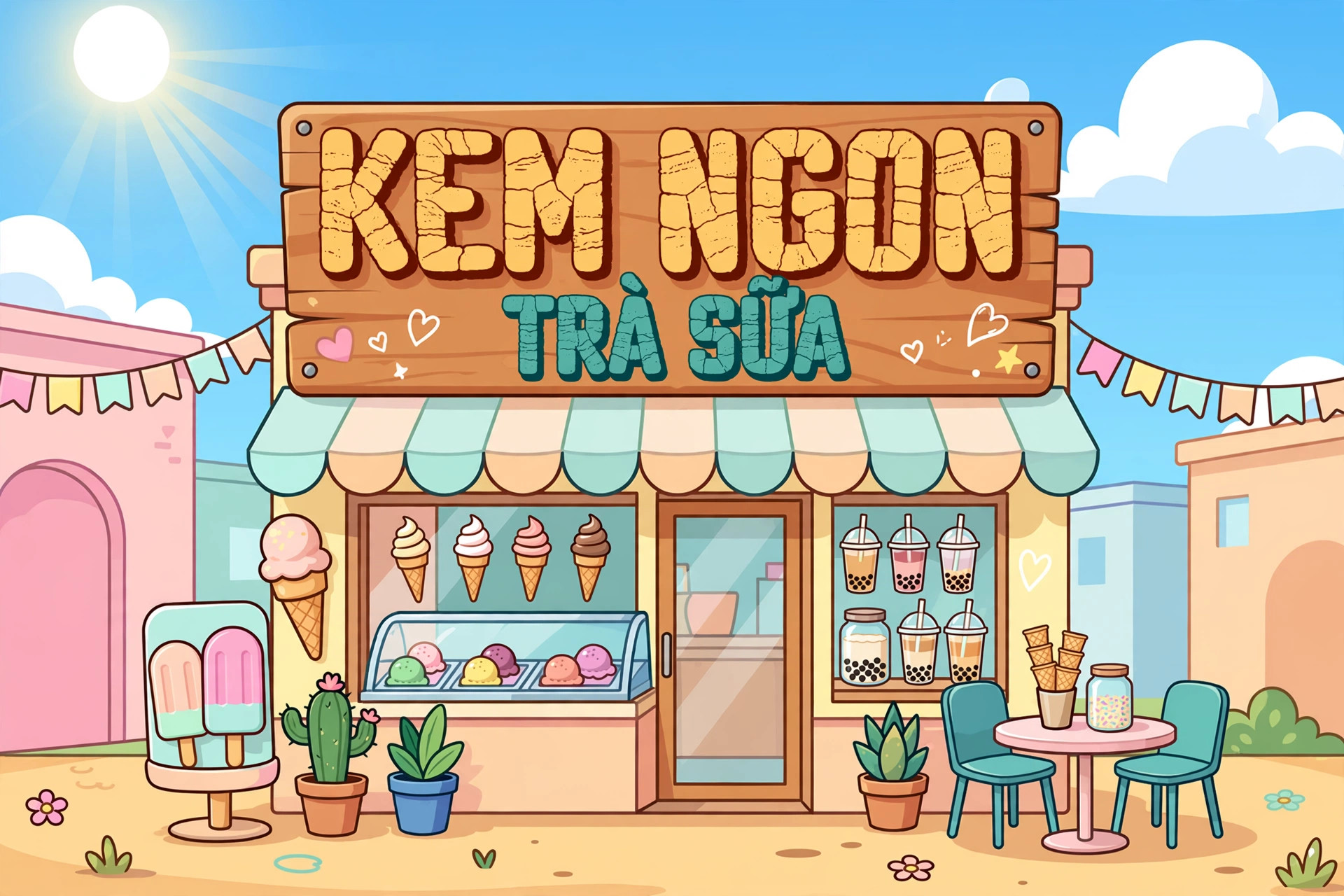 Ứng dụng font SVN-Sablon Washed Super việt hóa trên biển hiệu quán kem phong cách hoạt hình – font chữ cartoon vui nhộn