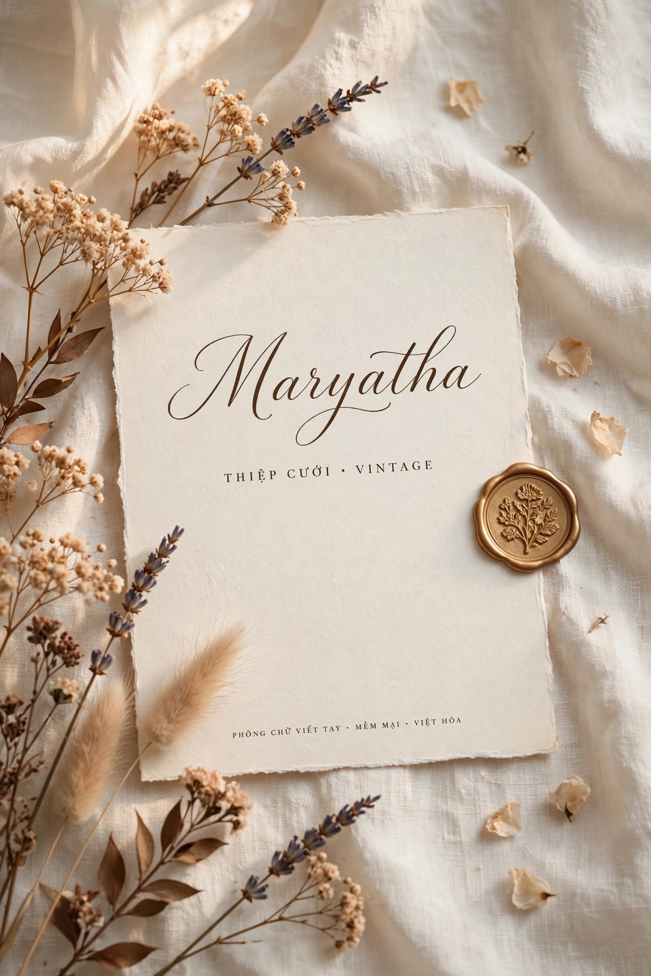 Ứng dụng font TH Maryatha Việt Hóa – mockup thiệp cưới vintage