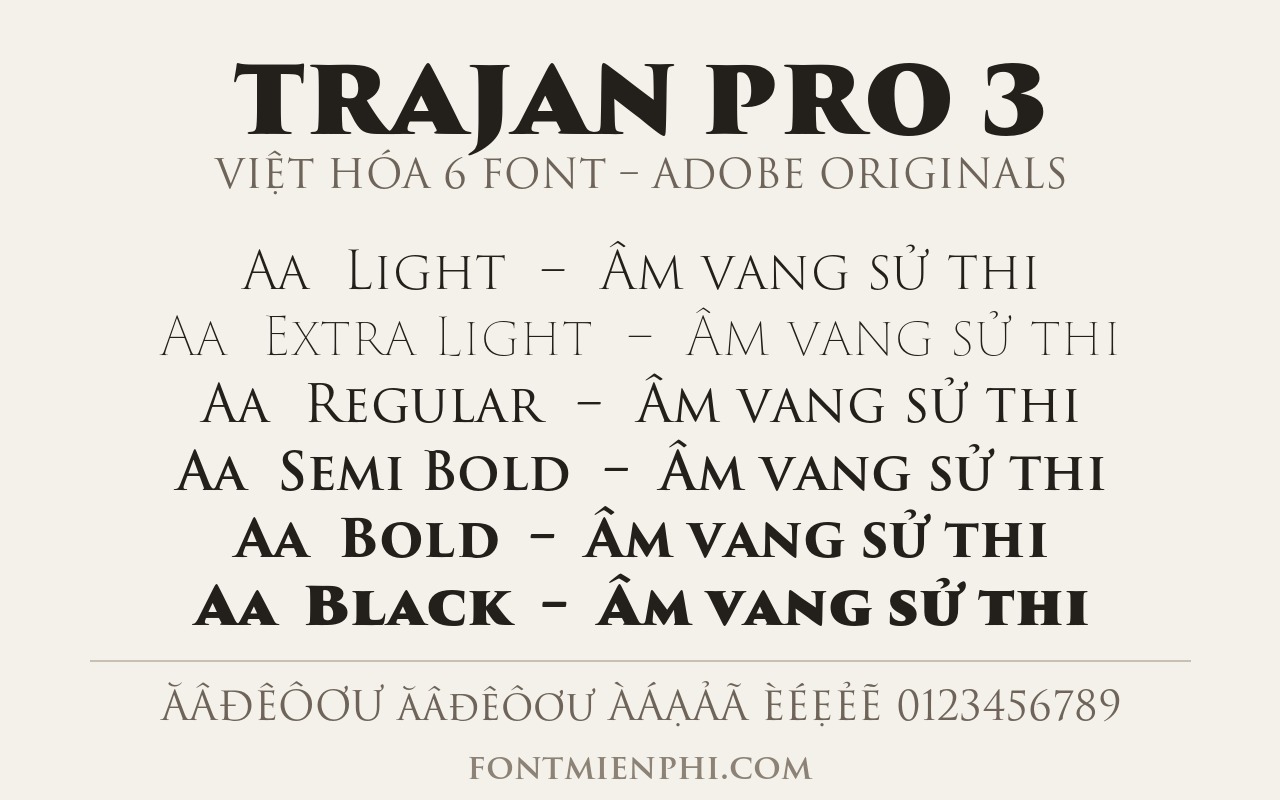 Demo 6 kiểu chữ Font Trajan Pro 3 Việt Hóa