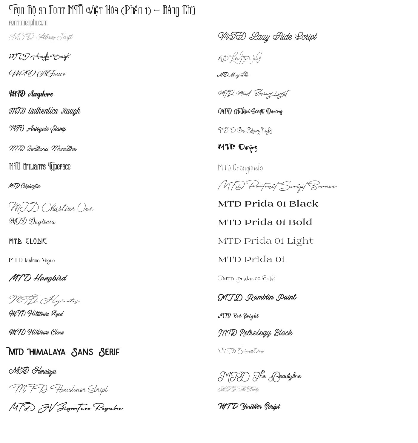 Bảng chữ 42 font MTD Việt Hóa miễn phí