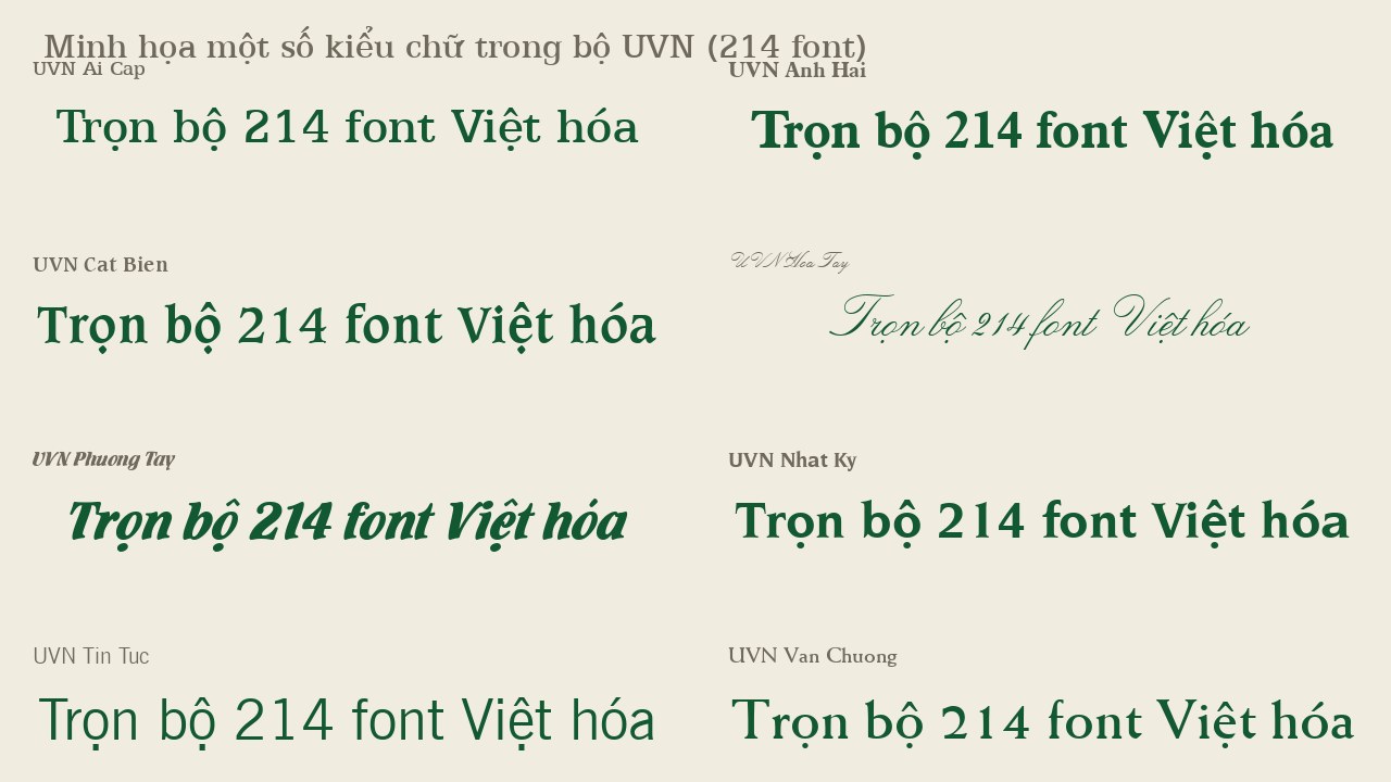 Font UVN Việt Hóa Trọn Bộ Full (214 Font) – Tải Miễn Phí 3 Font UVN Việt Hóa Trọn Bộ Full – Minh họa một số kiểu chữ trong bộ 214 font