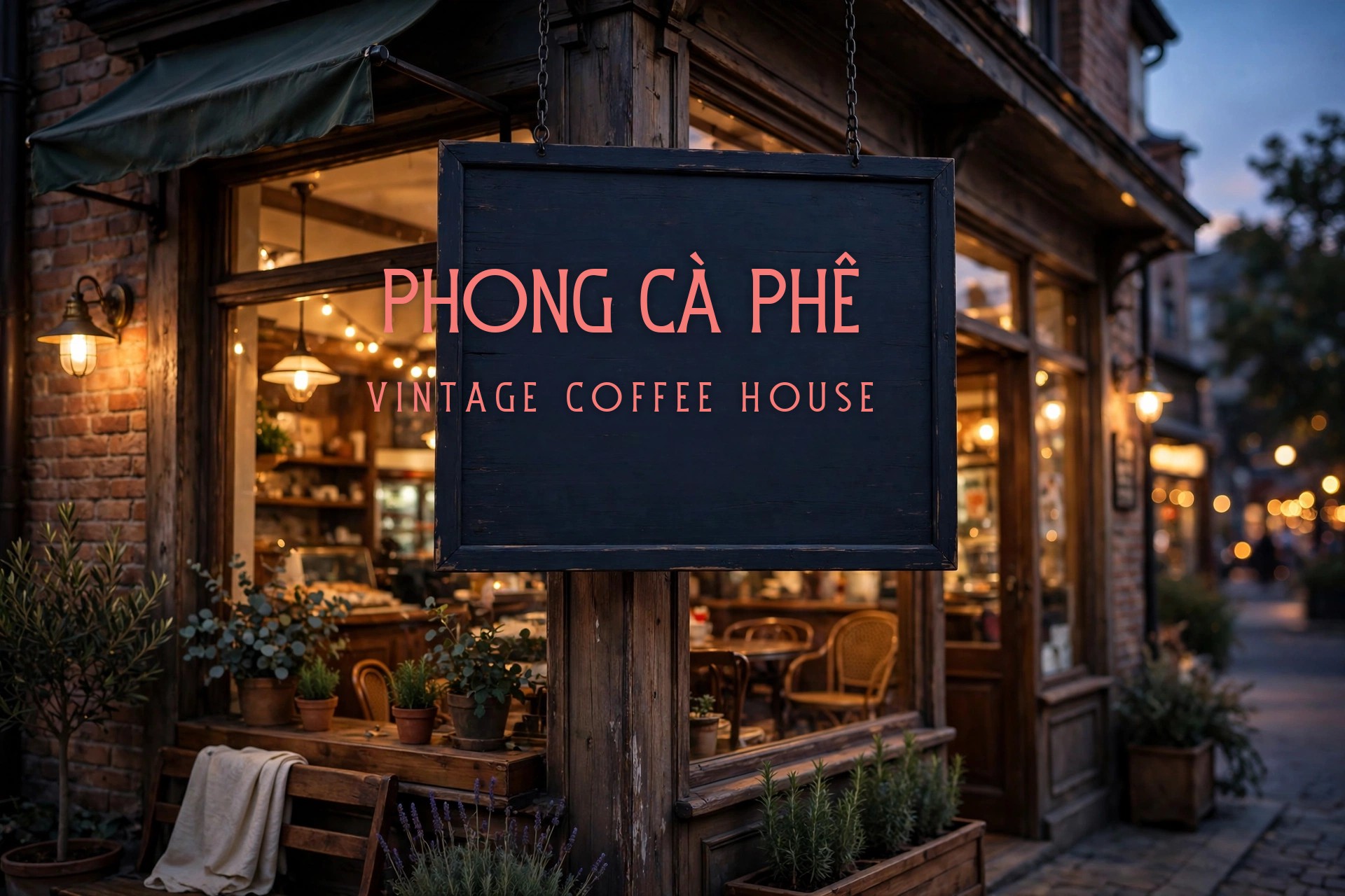 Minh họa ứng dụng font TH Wible Town Việt Hóa trên biển hiệu quán cà phê vintage
