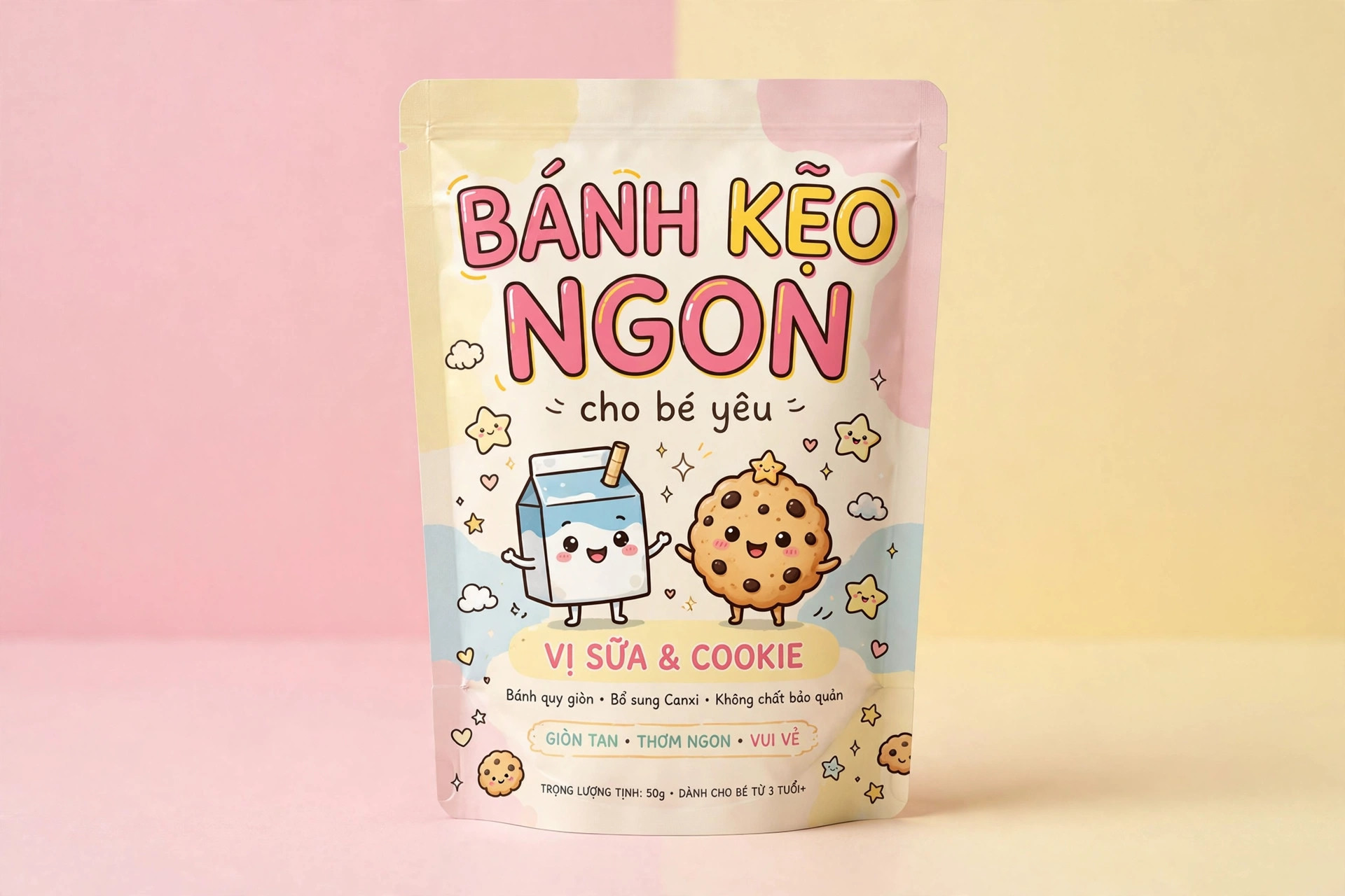Ứng dụng font SVN-Just Saying việt hóa trên bao bì bánh kẹo cho bé – font chữ hoạt hình dễ thương.
