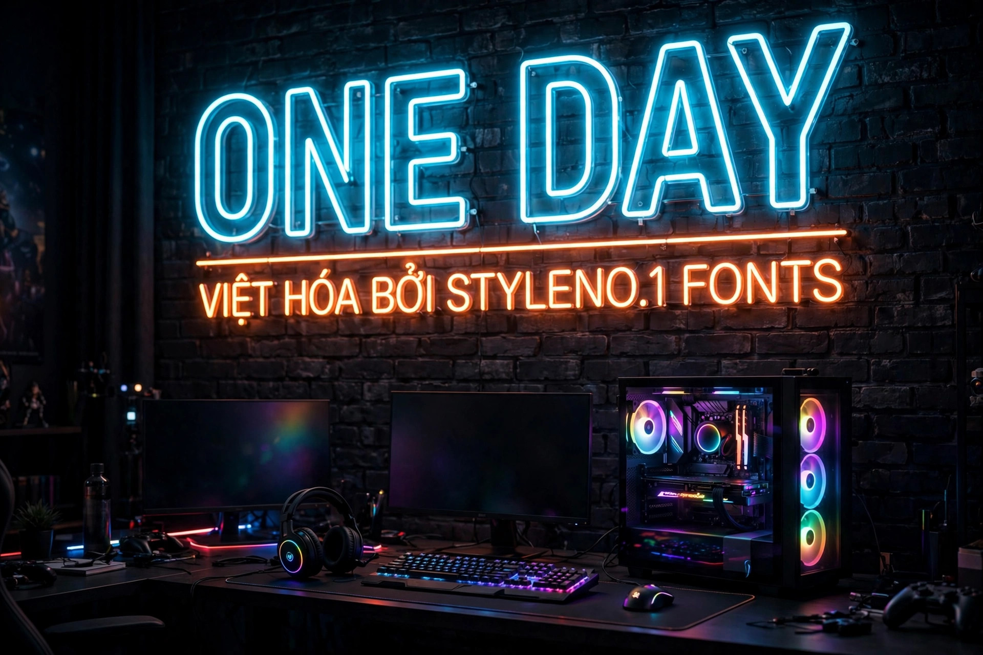 Font SVN-One Day việt hóa – mockup biển hiệu neon phòng game