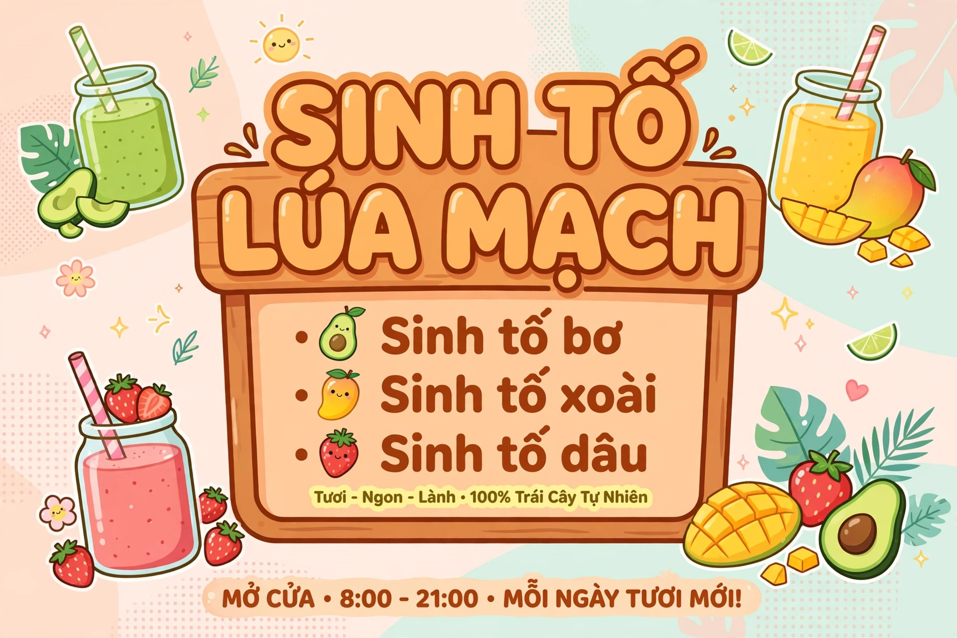 Font Hoạt Hình SVN-Salty Việt Hóa Miễn Phí 2 Ứng dụng font SVN-Salty việt hóa trên biển hiệu quán sinh tố Lúa Mạch phong cách hoạt hình – menu đồ uống cute