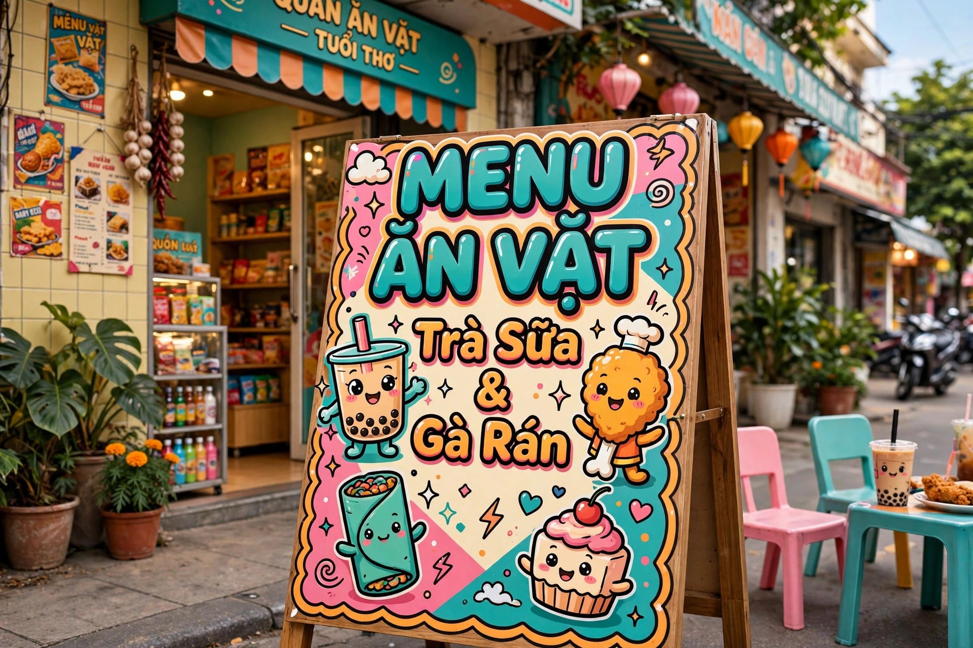 Ứng dụng font TH Gyoza việt hóa trên bảng menu quán ăn vặt – font chữ hoạt hình tròn trịa