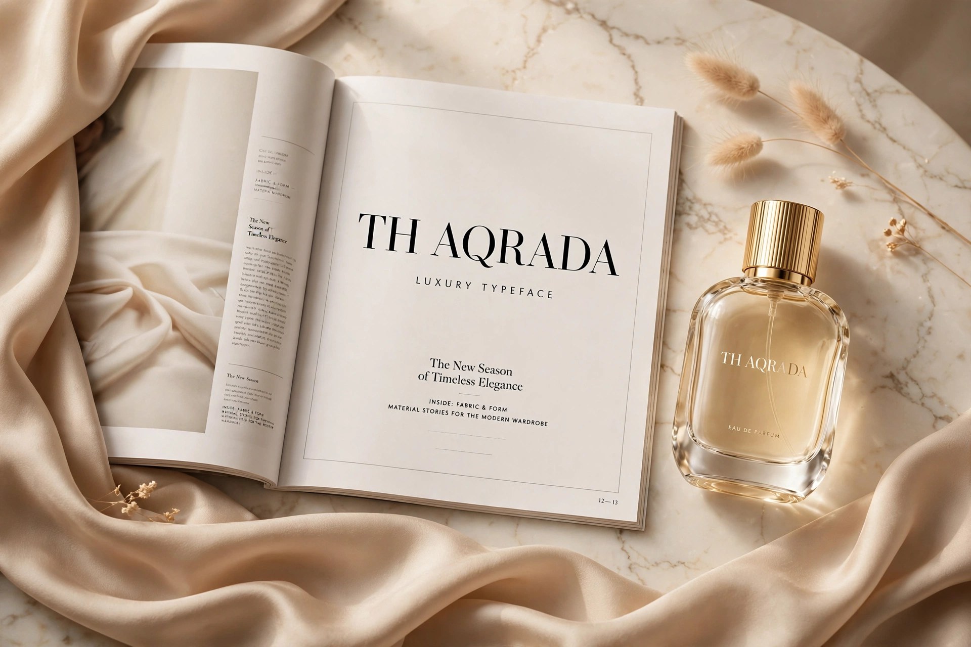 Ứng dụng font TH Aqrada Việt Hóa – mockup tạp chí thời trang và chai nước hoa cao cấp