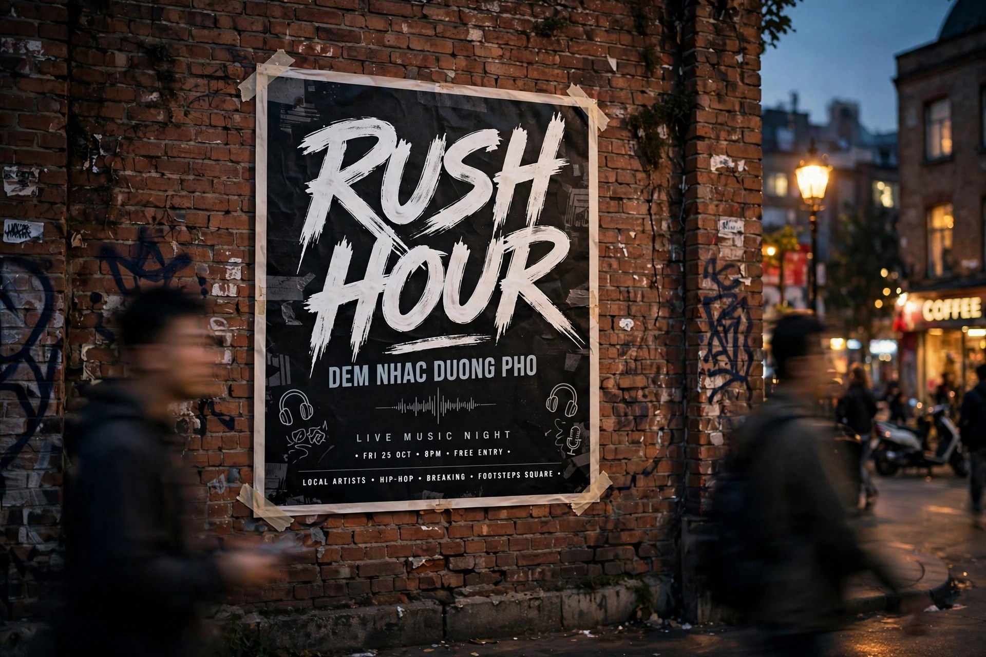 Ứng dụng font SVN-Rush Hour việt hóa trên poster đêm nhạc đường phố – font brush nét cọ mạnh mẽ