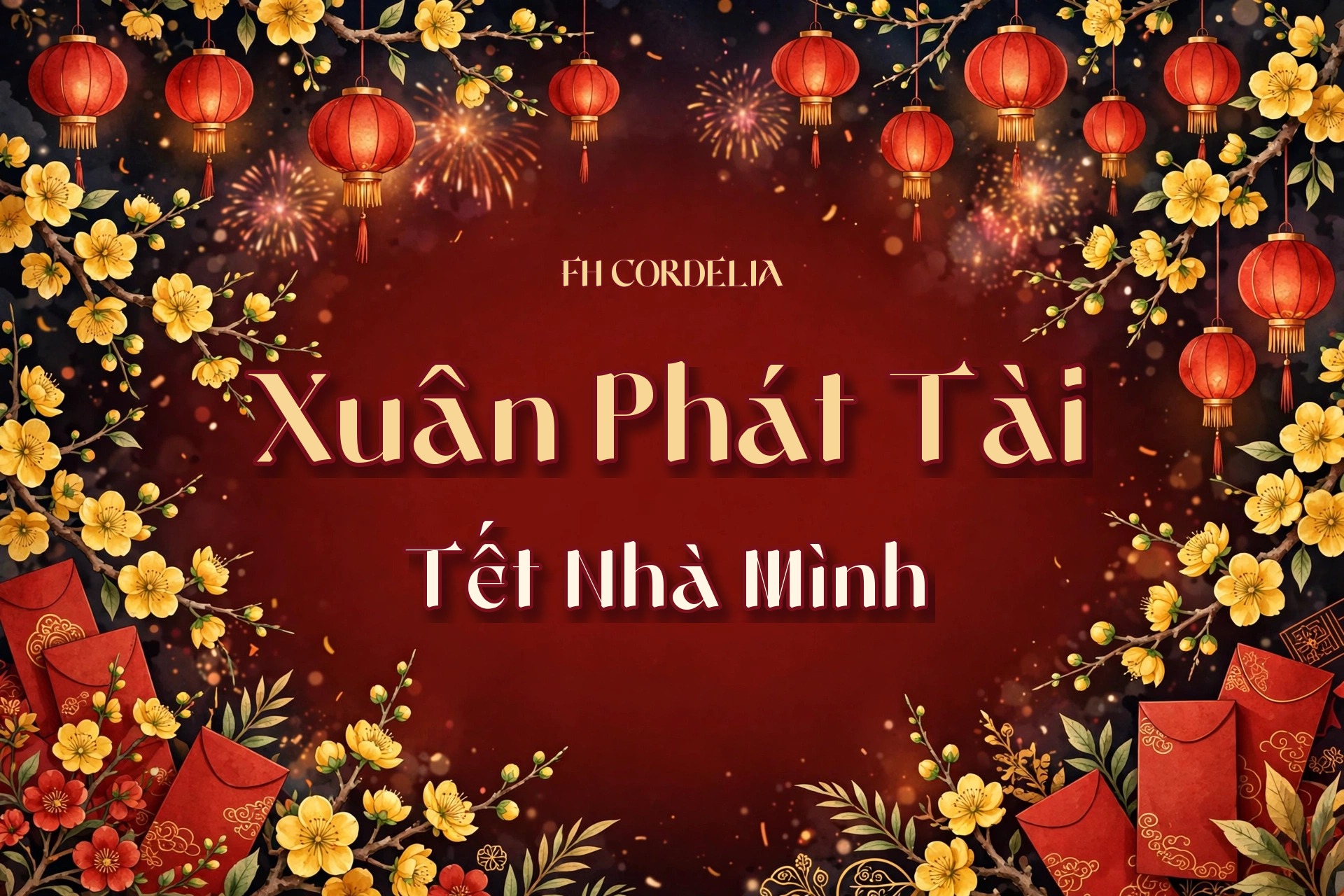 Font FH Cordelia Việt Hóa – Cổ Trang Tết Sang Trọng 2 Minh họa ứng dụng font FH Cordelia Việt Hóa trên poster Tết với dòng chữ Xuân Phát Tài và Tết Nhà Mình
