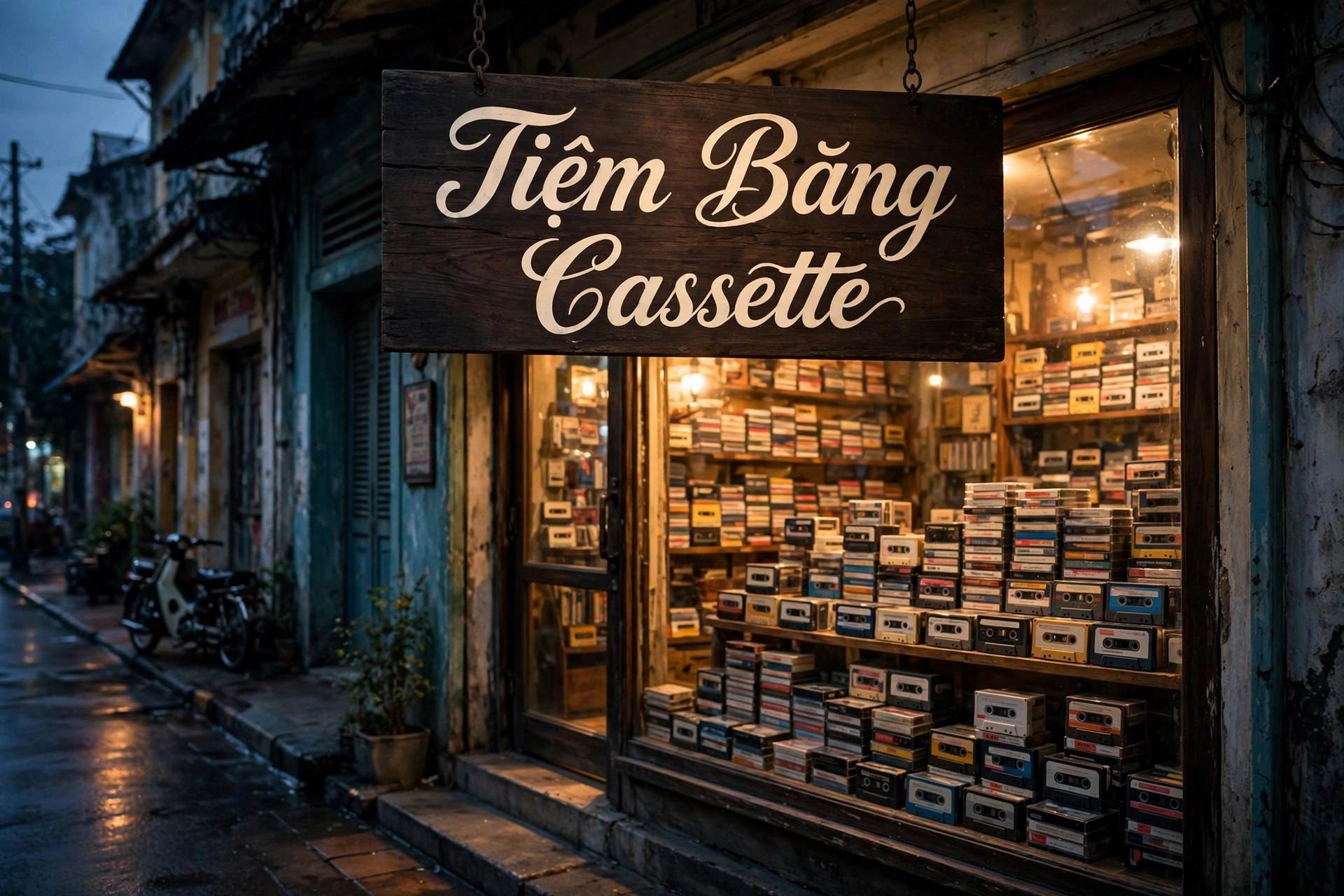 Ứng dụng font Milestone Script việt hóa trên bảng hiệu tiệm băng cassette phong cách vintage