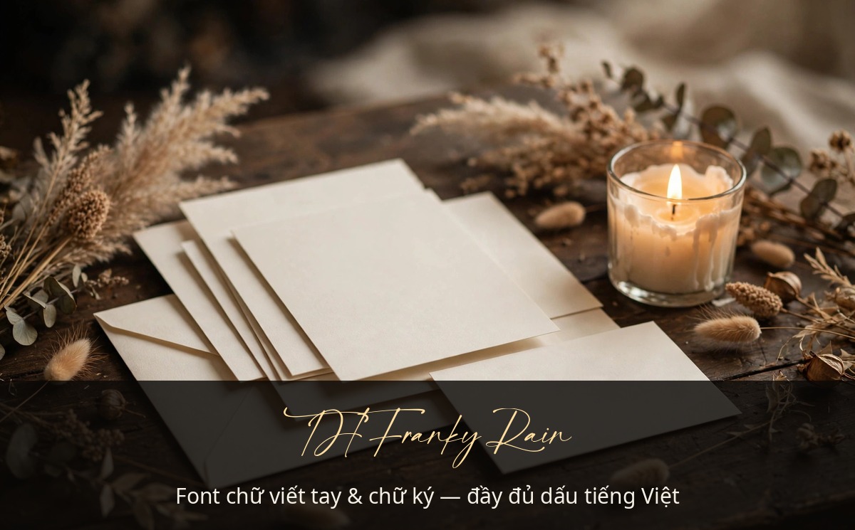 Font TH Franky Rain Việt Hóa ứng dụng trên thiệp cưới — font chữ viết tay, chữ ký mềm mại đầy đủ dấu tiếng Việt