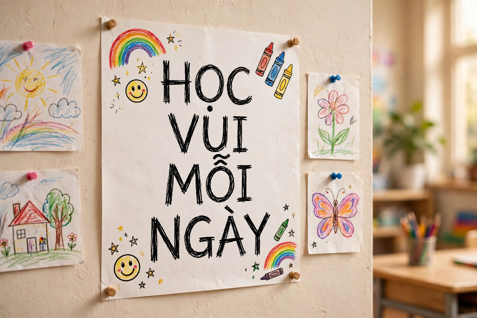 Font SVN-Progs Hoạt Hình Trẻ Em Việt Hóa Miễn Phí 2 Ứng dụng font SVN-Progs Việt hóa trên poster lớp học cho trẻ em