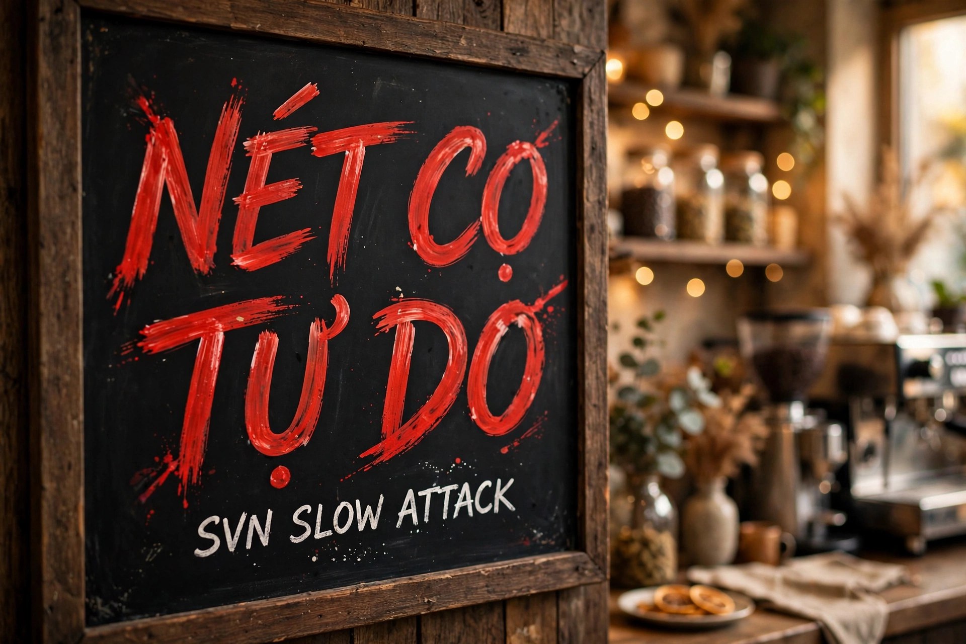 Font Brush Nghiêng SVN Slow Attack Việt Hóa Miễn Phí 2 Ứng dụng font chữ SVN Slow Attack Việt hóa trên bảng hiệu quán cafe Nét Cọ Tự Do