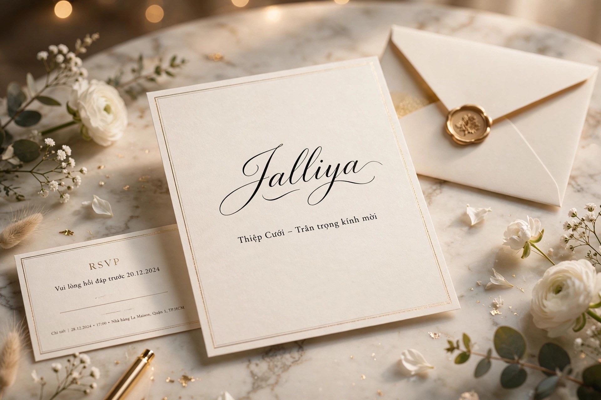 Ứng dụng font TH Jalliya Việt Hóa – mockup thiệp cưới cao cấp